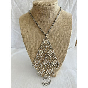 Vintage CELEBRITY NY Silvertone Crystal Pendant Necklace Statment Runway 60s 70s